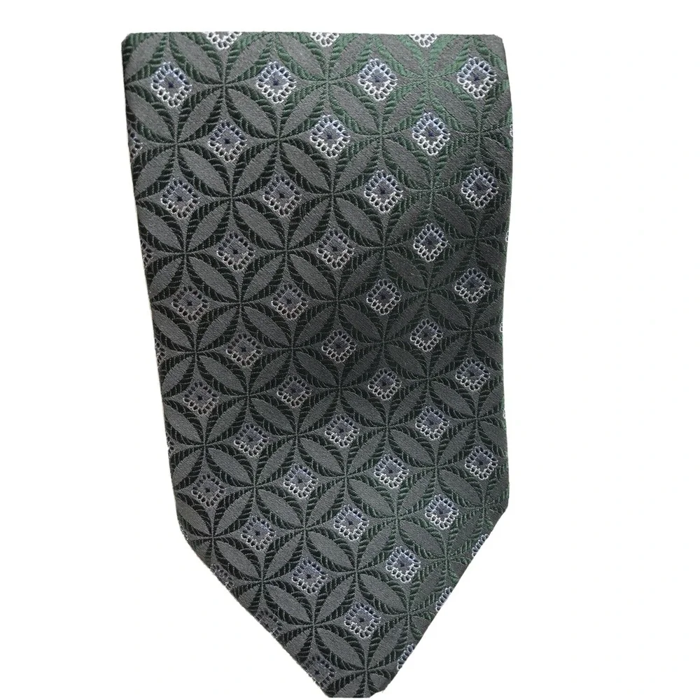 Ermenegildo Zegna Silk Tie Men's Gray Green Geometric Pattern Italy Classic